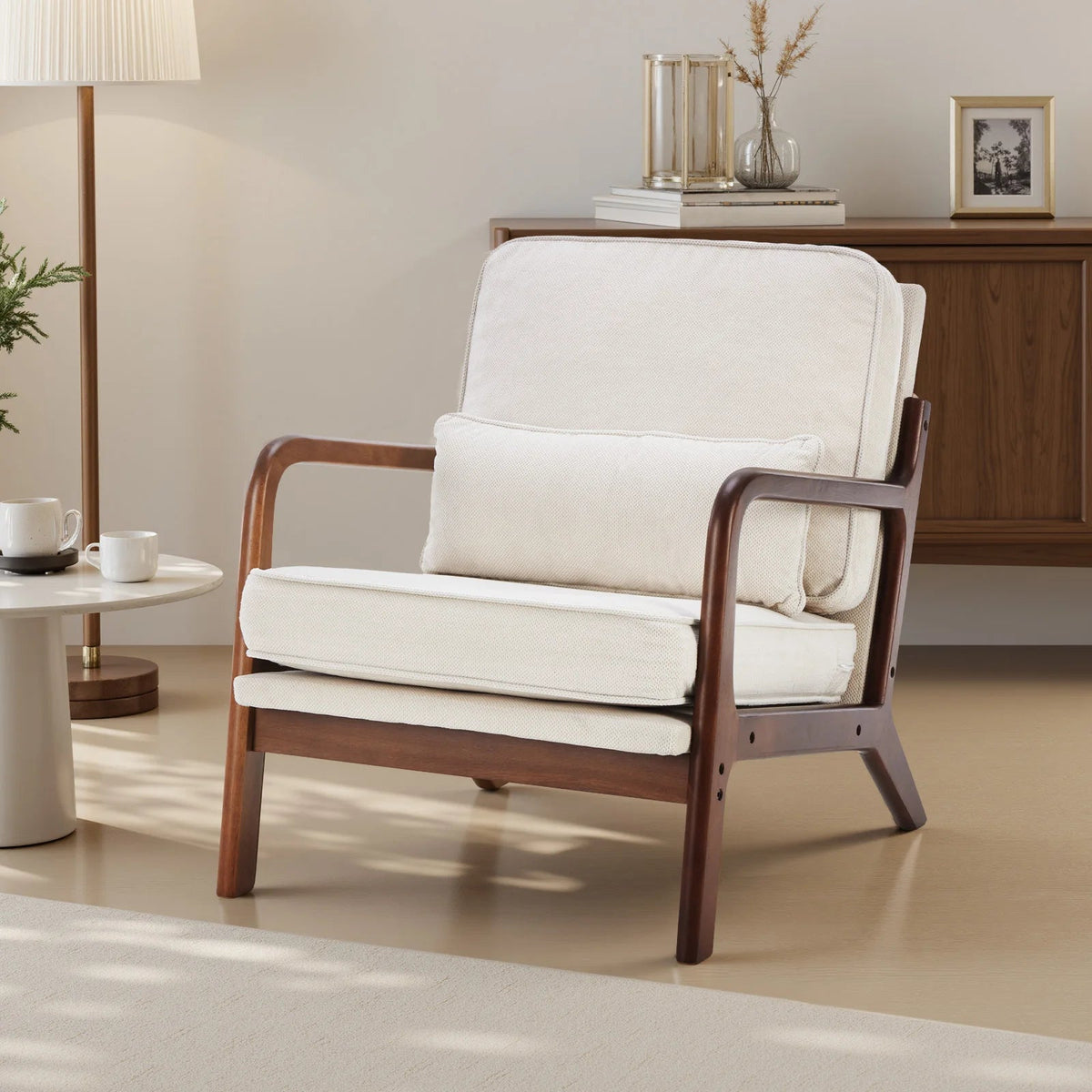Mid-Century Modern Accent Chair with Solid Wooden Frame, Armrests, and Waist Cushion for Adults - Ideal for Reading and Lounging