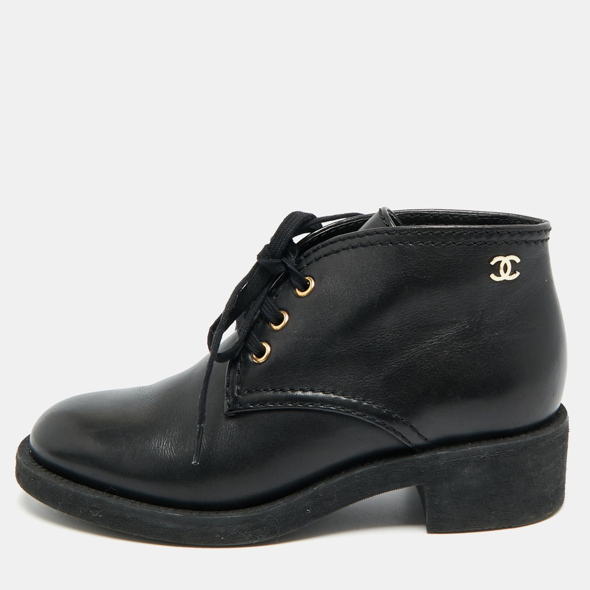 Chanel CC Size 38 Black Leather Lace Up Ankle Length Boots
