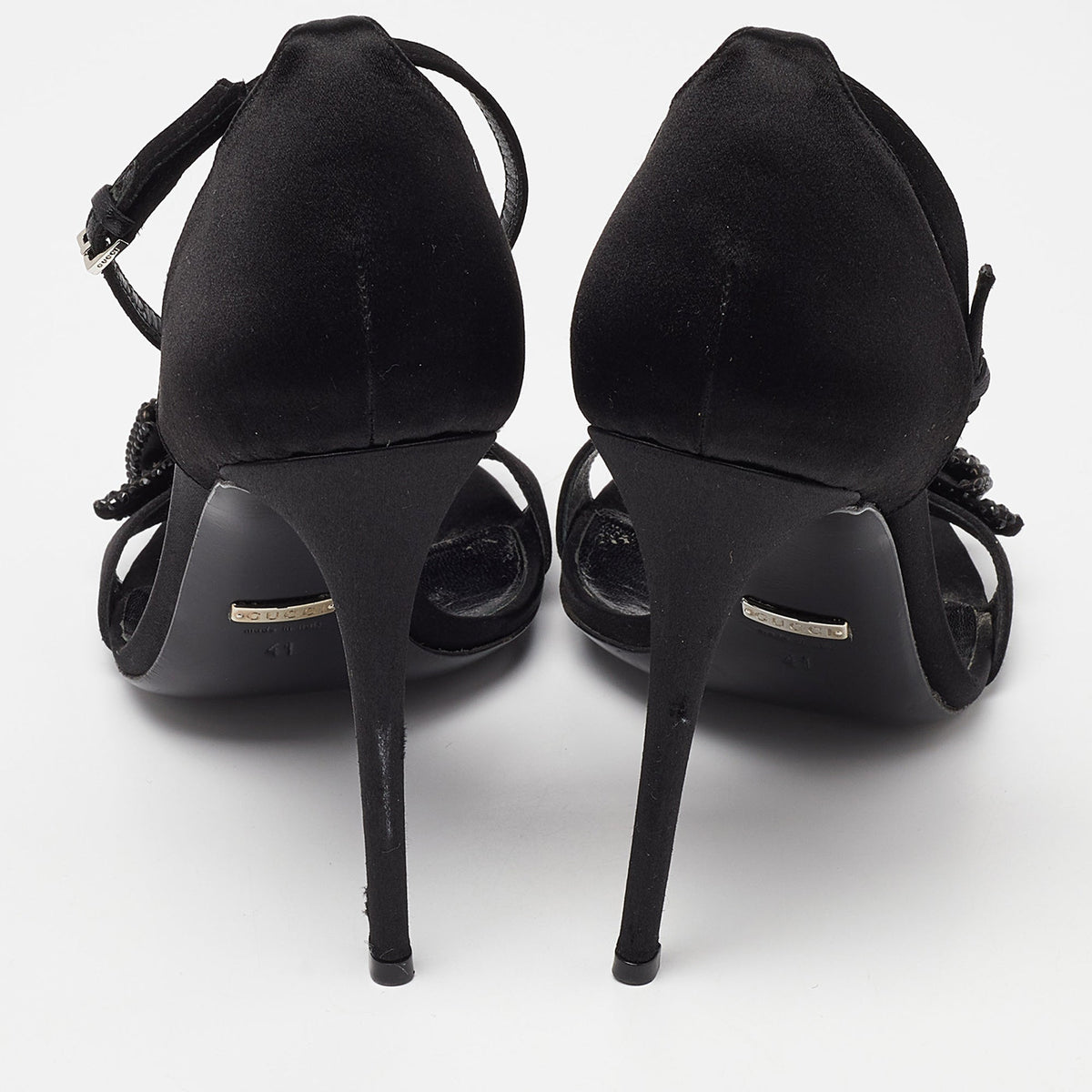 Gucci Black Satin Crystal Embellished Bow Open Toe Ankle Strap Sandals Size 41