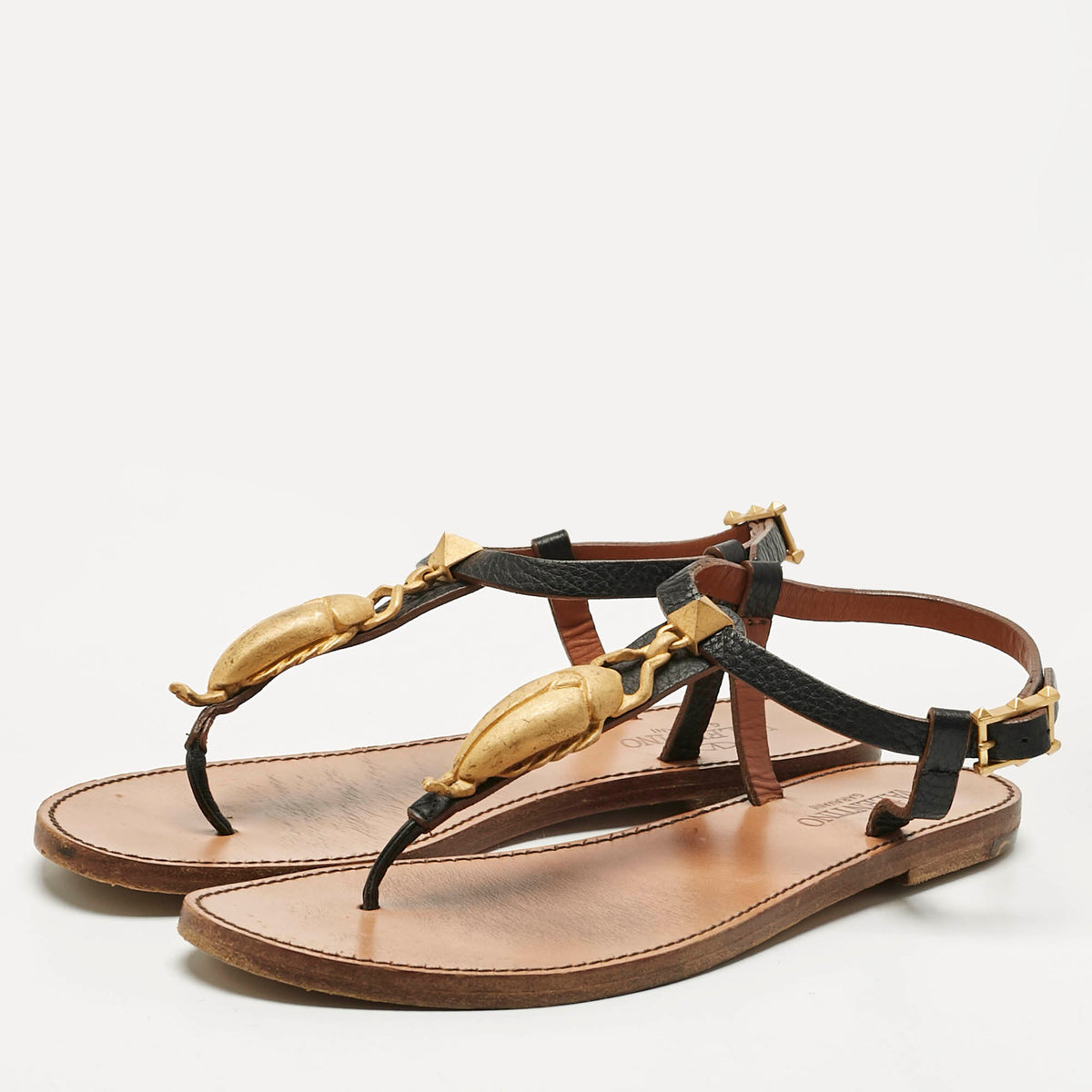 Valentino Black Leather Embellished Thong Flat Sandals Size 37.5