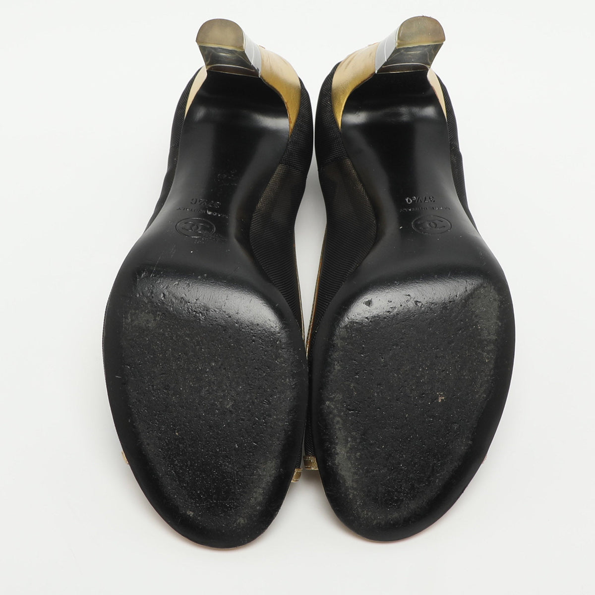 Chanel CC Size 37.5 Black/Gold Leather and Mesh Peep Toe Pumps