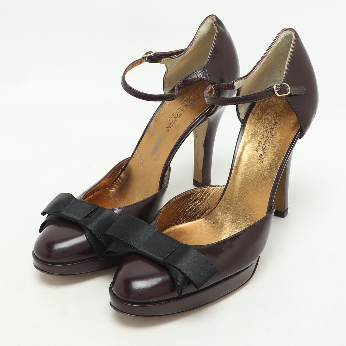 Dolce & Gabbana Burgundy/Black Leather Bow D'orsay Ankle Strap Pumps Size 38.5