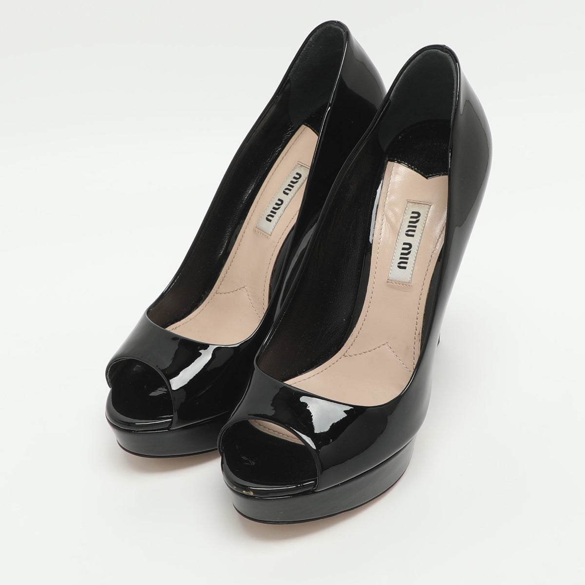 Miu Miu Size 36 Black Patent Leather Peep Toe Pumps