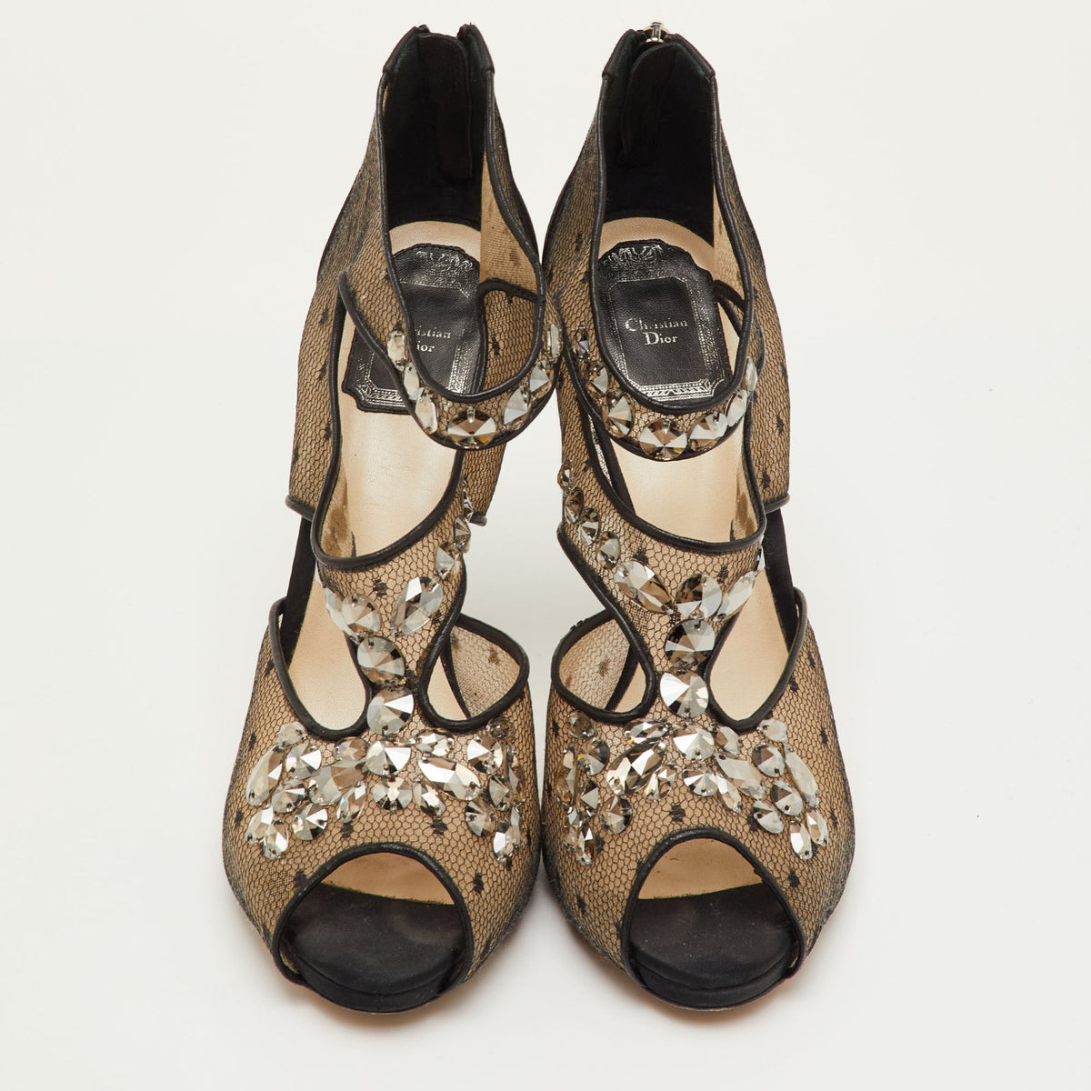 Dior Size 39.5 Black Mesh and Satin Cut Out Crystal Embellished Peep Toe Sandals