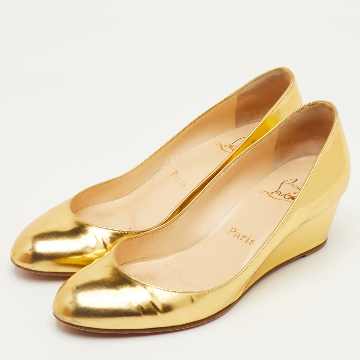 Christian Louboutin Size 38 Gold Leather Round Toe Wedge Pumps
