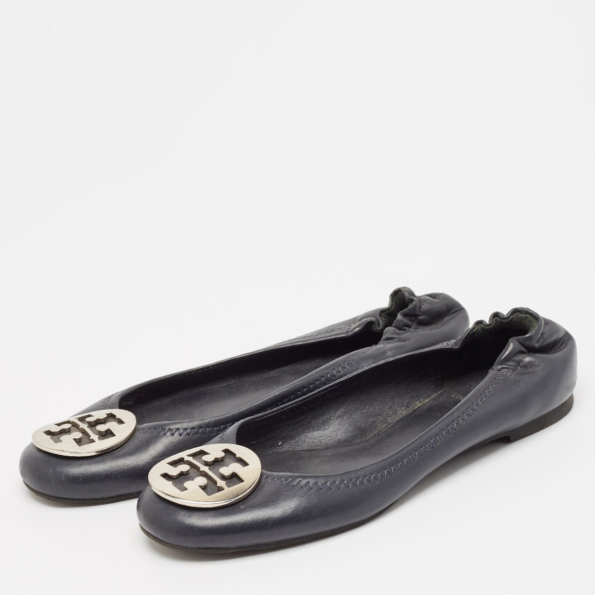 Tory Burch Black Leather Reva Logo Ballet Flats Size 39