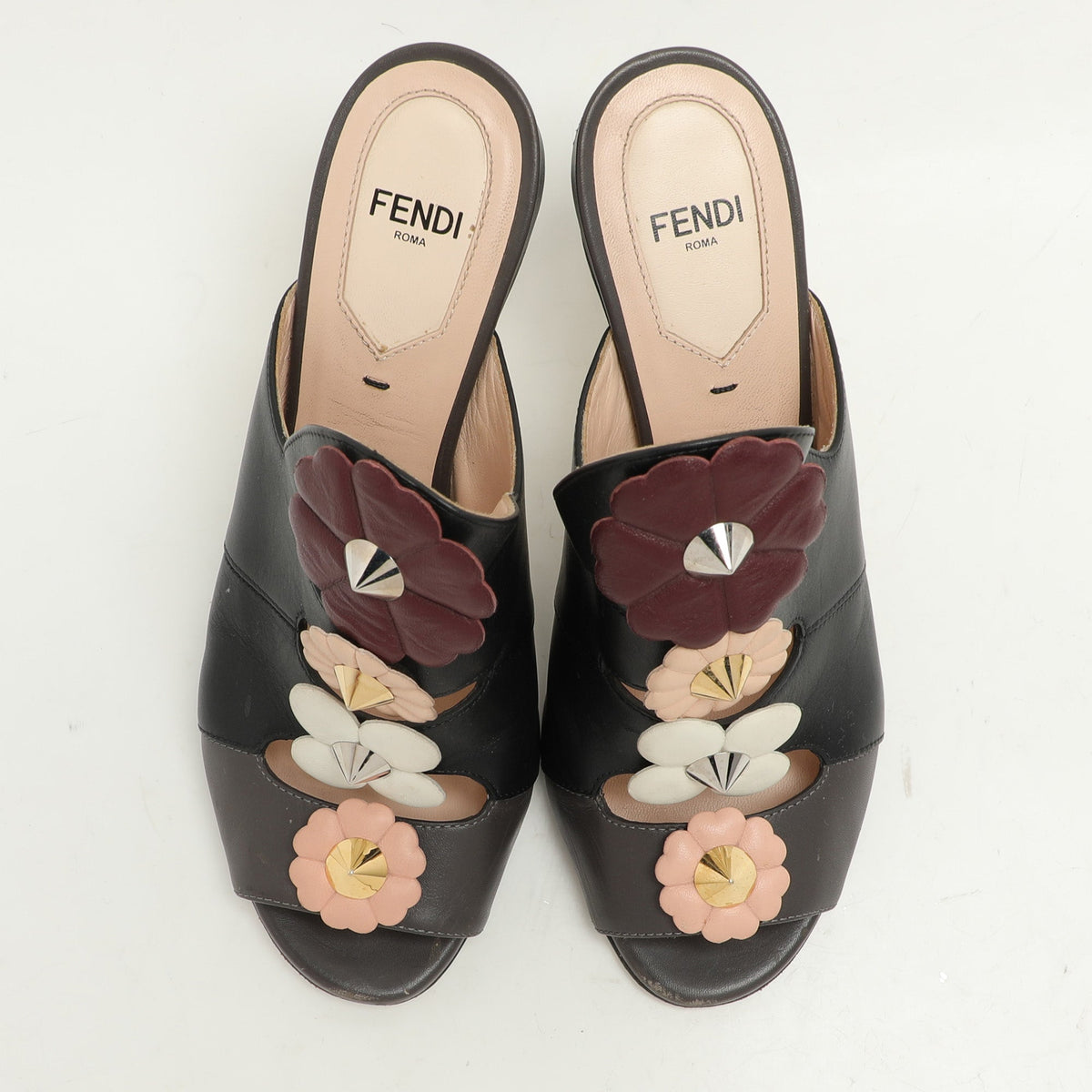 Fendi Black/Grey Leather Flowerland Slide Sandals Size 36