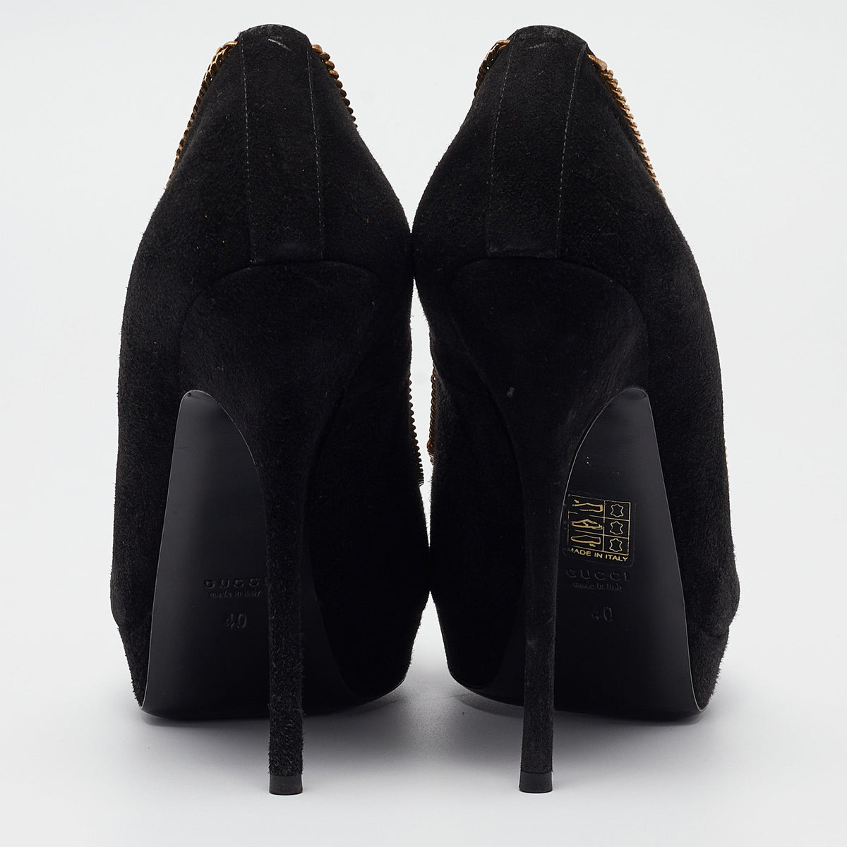 Gucci Black Suede Chain Trim Peep Toe Platform Pumps Size 40