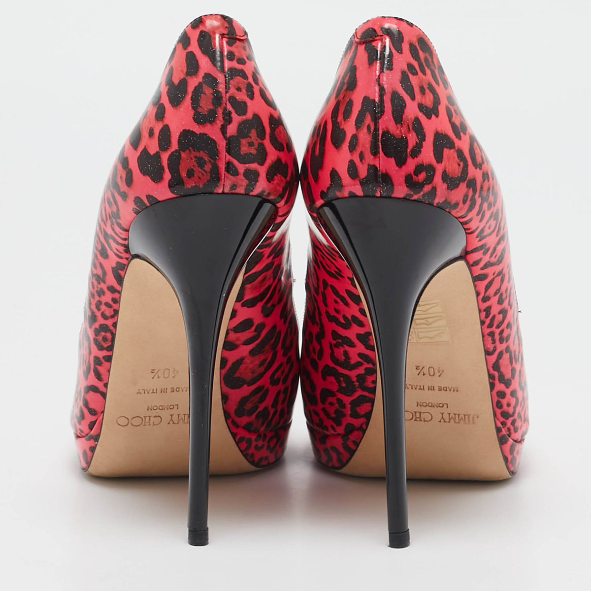 Jimmy Choo Black/Pink Leopard Print Patent Leather Open Toe Pumps Size 40.5