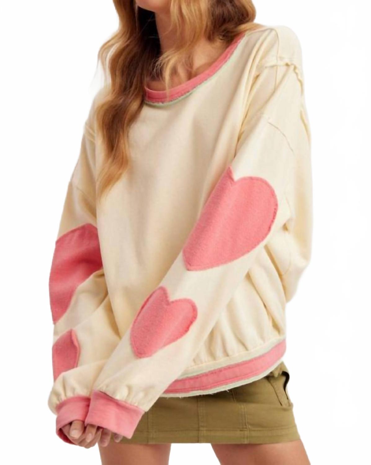 Heart Patch Sweatshirt In Beige/ Pink