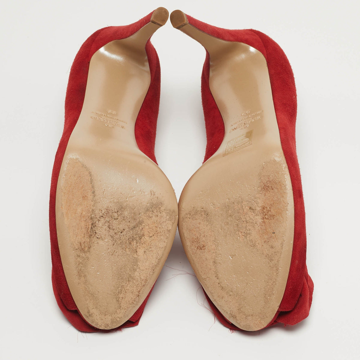 Valentino Rose Applique Size 39 Red Suede Peep Toe Pumps