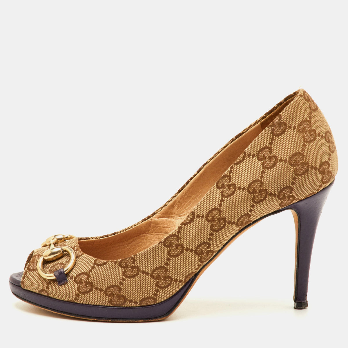 Gucci Hollywood Size 38 Beige/Brown GG Canvas Peep Toe Pumps