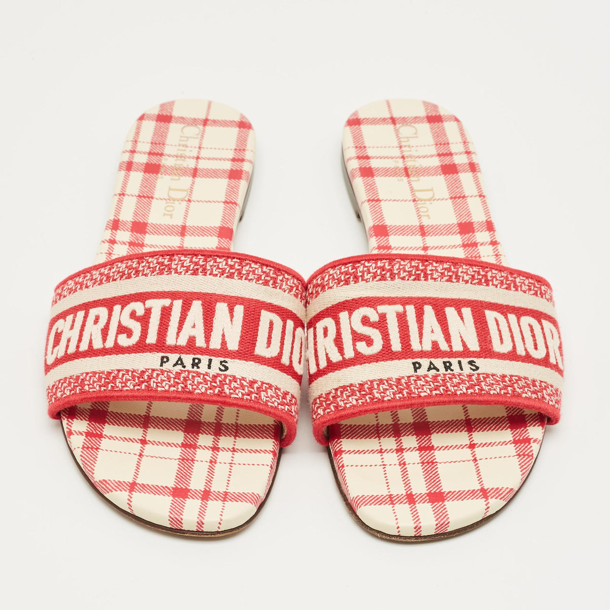 Dior Red/White Embroidered Canvas Dway Flat Slides Size 38