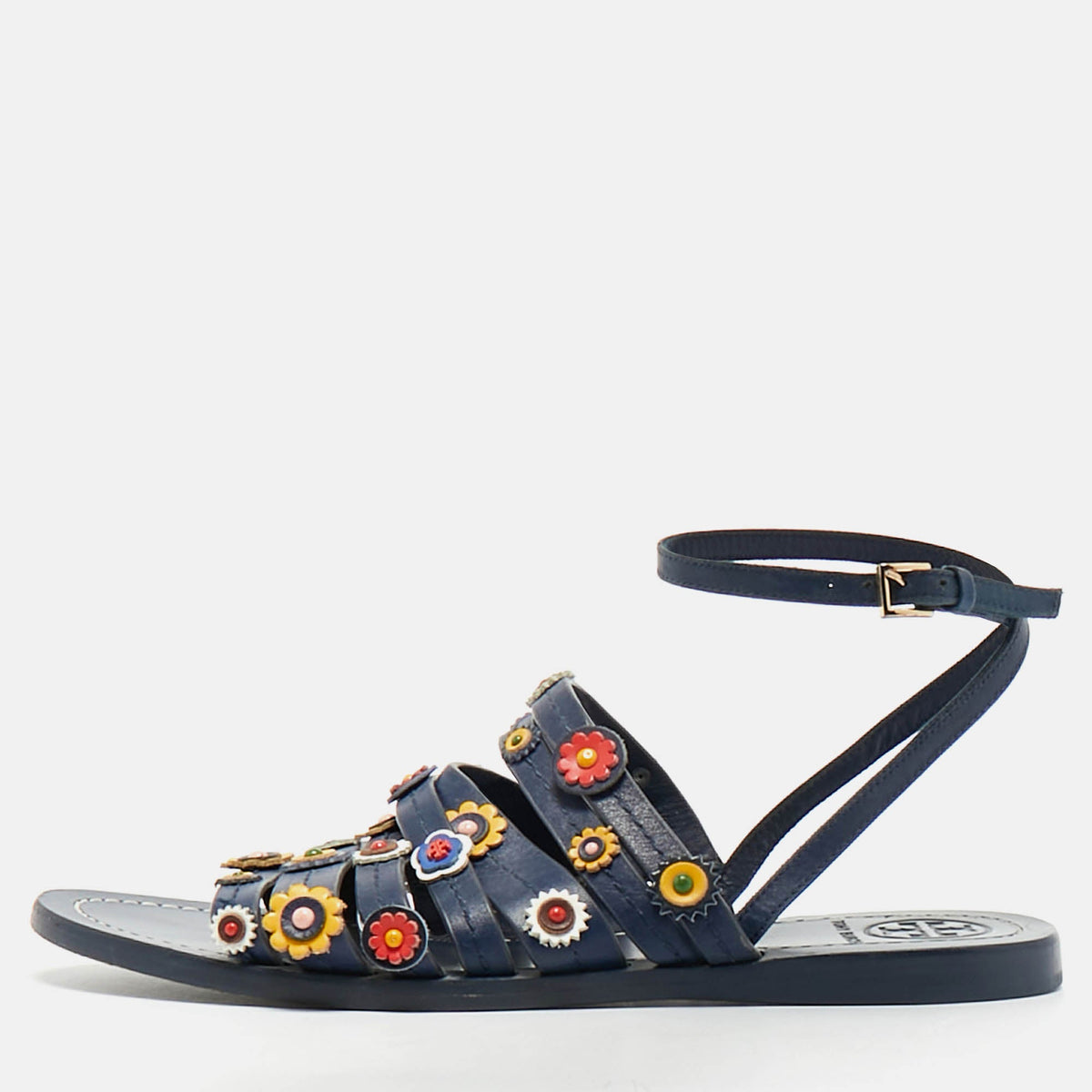 Tory Burch Size 37.5 Blue Leather  Floral Appliqu&eacute;d Ankle Wrap Flat Sandals