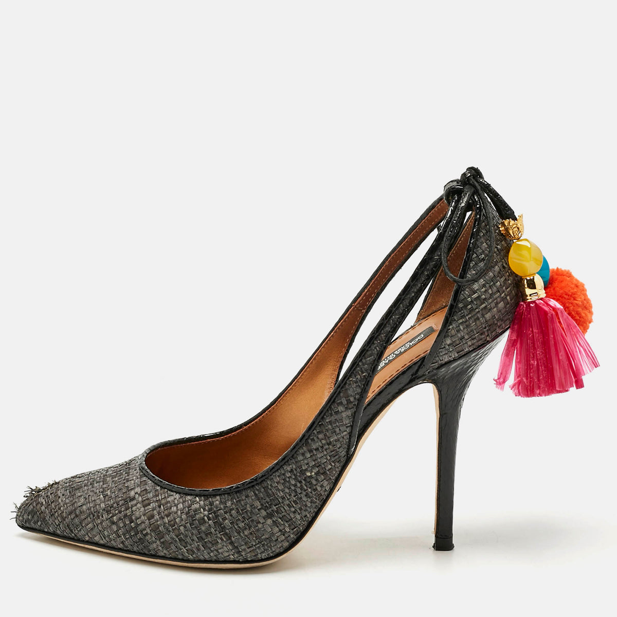 Dolce & Gabbana Black Raffia Pom Pom Detail Tie Up Pumps Size 37