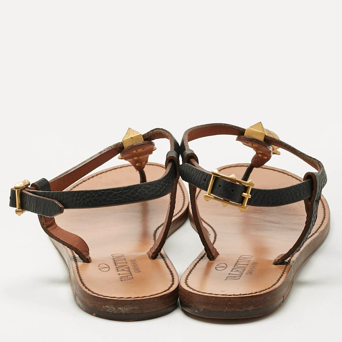 Valentino Black Leather Embellished Thong Flat Sandals Size 37.5