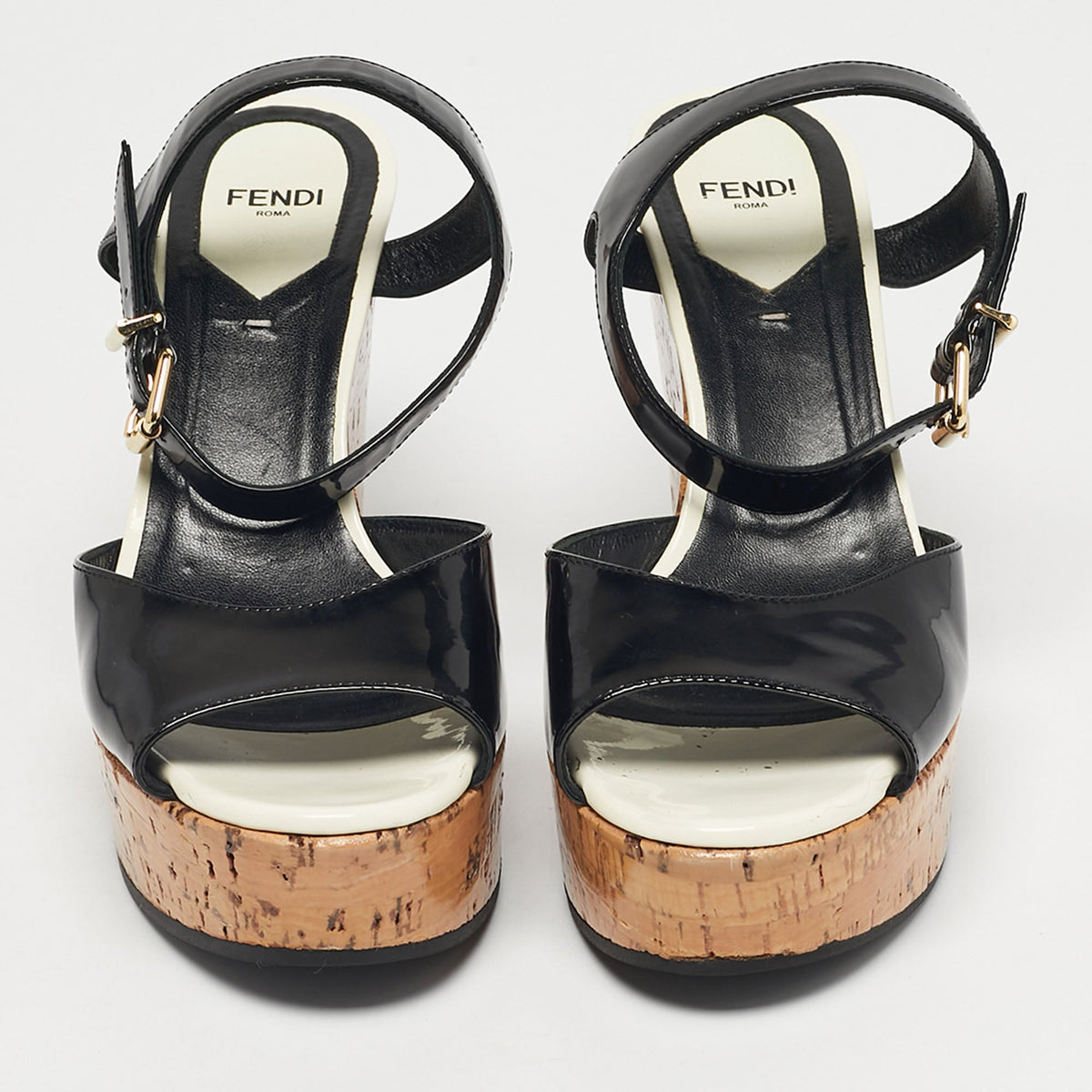Fendi Black Patent Leather Cork Wedge Sandals Size 38.5