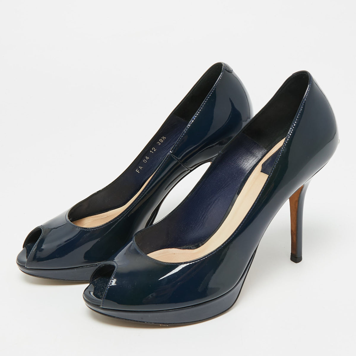 Dior Miss Dior Size 38.5 Navy Blue Patent Leather Peep Toe Pumps