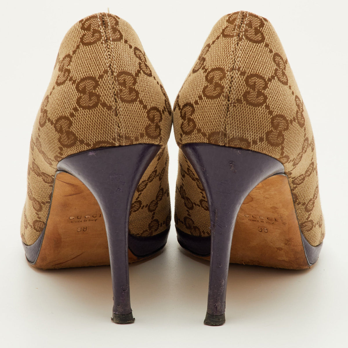 Gucci Hollywood Size 38 Beige/Brown GG Canvas Peep Toe Pumps