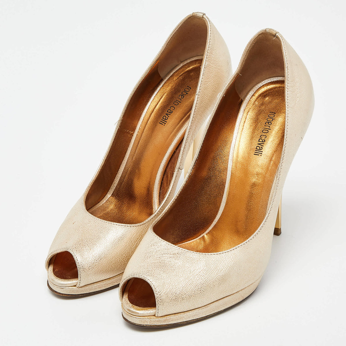 Roberto Cavalli Metallic Gold Leather Peep Toe Pumps Size 37