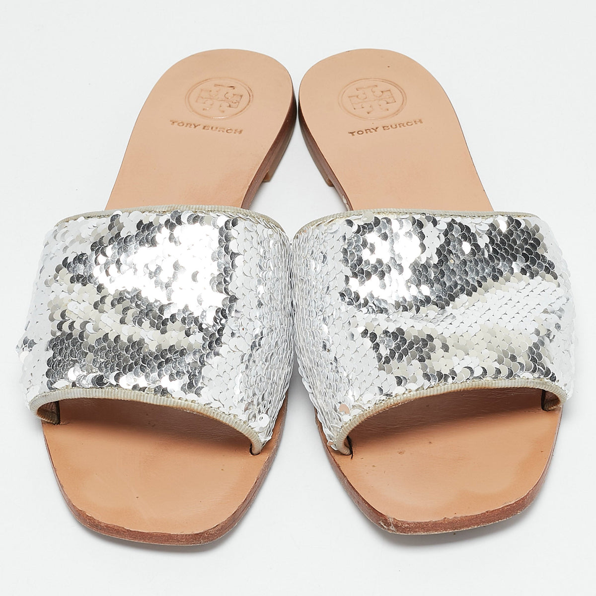 Tory Burch Silver Sequins Carter Flat Slides Size 38.5