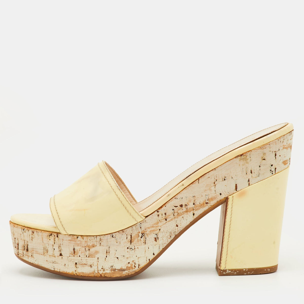 Prada Size 41 Cream Patent Leather Cork Platform Block Heel Sandals