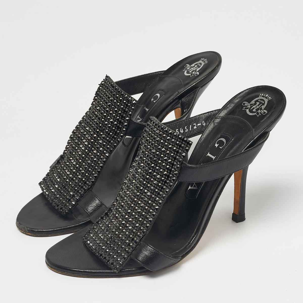 Gina Black Crystals and Leather Slide Sandals Size 37
