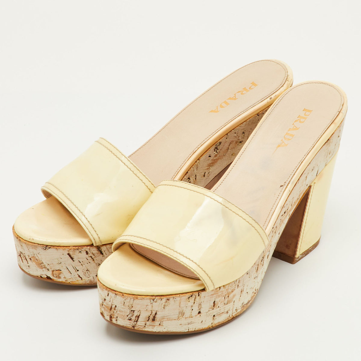 Prada Size 41 Cream Patent Leather Cork Platform Block Heel Sandals