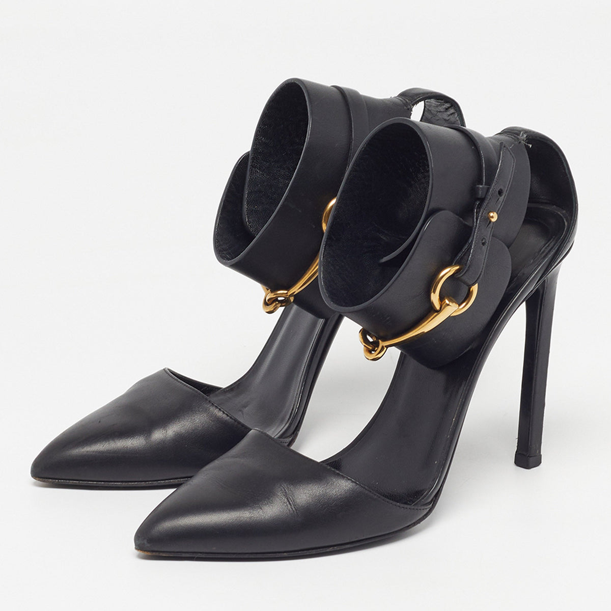 Gucci Horsebit Size 37 Black Leather Ankle Strap Pumps