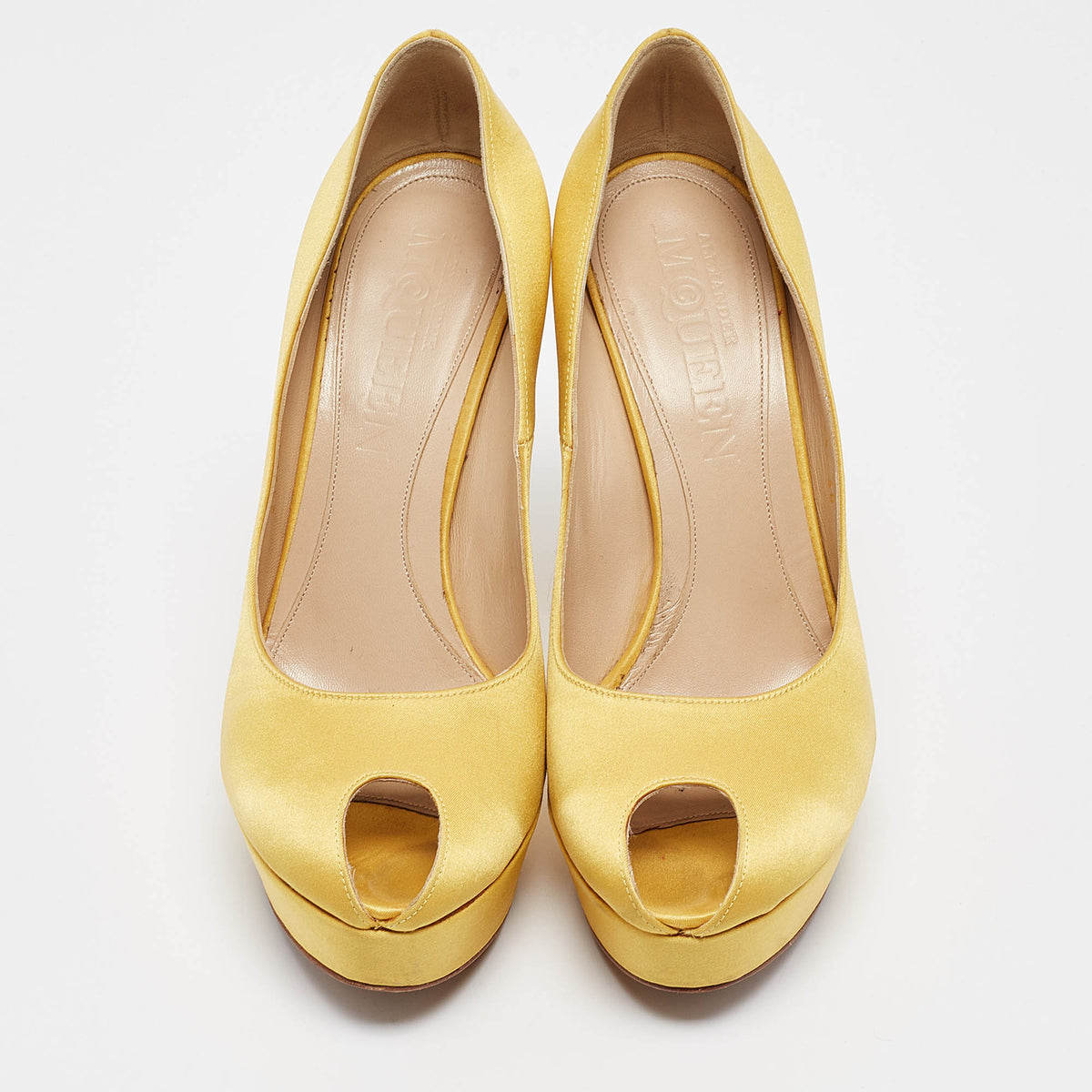 Alexander McQueen Yellow Satin Peep Toe Platform Pumps Size 38
