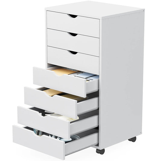 7-Drawer Wooden Mobile Storage Cabinet with Wheels for Office and Living Room Organization