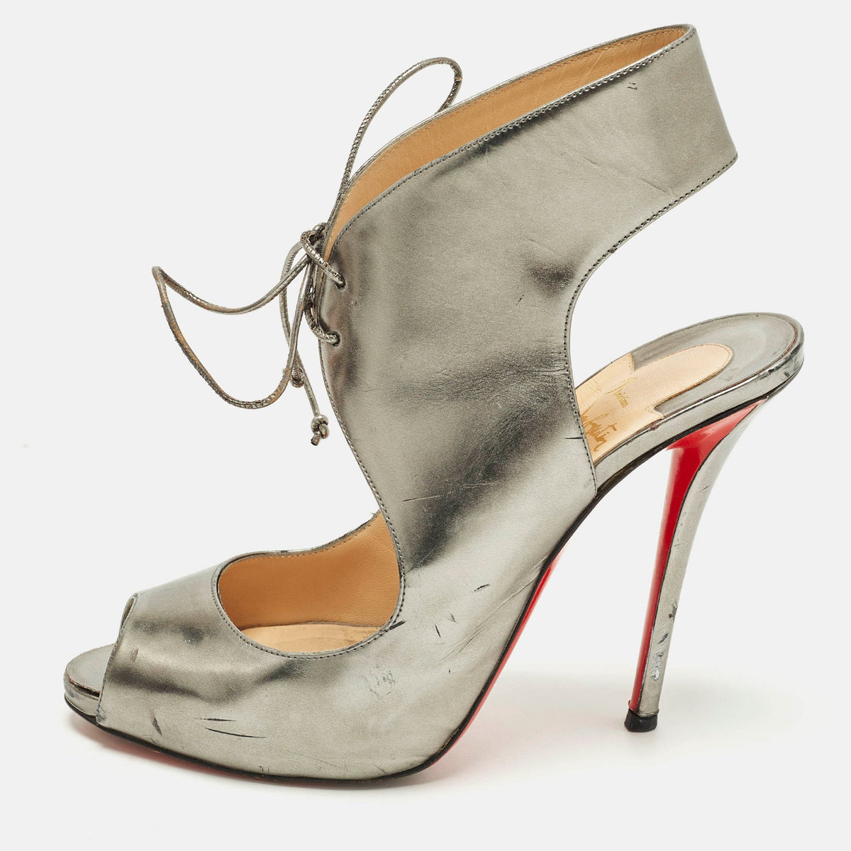 Christian Louboutin Size 40 Silver Leather Peep Toe Sandals