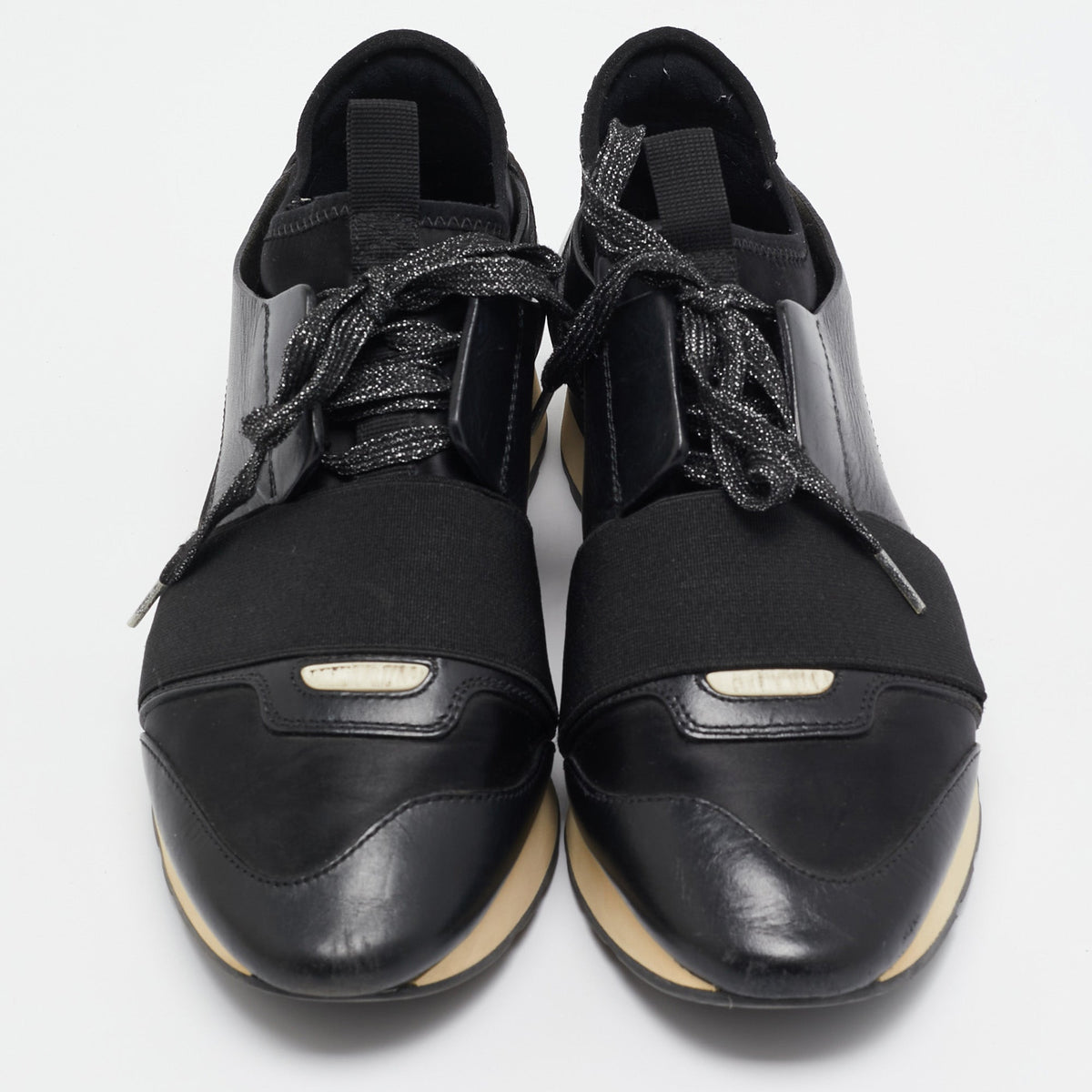 Balenciaga Race Runner Size 37 Black Fabric and Leather Lace Up Sneakers