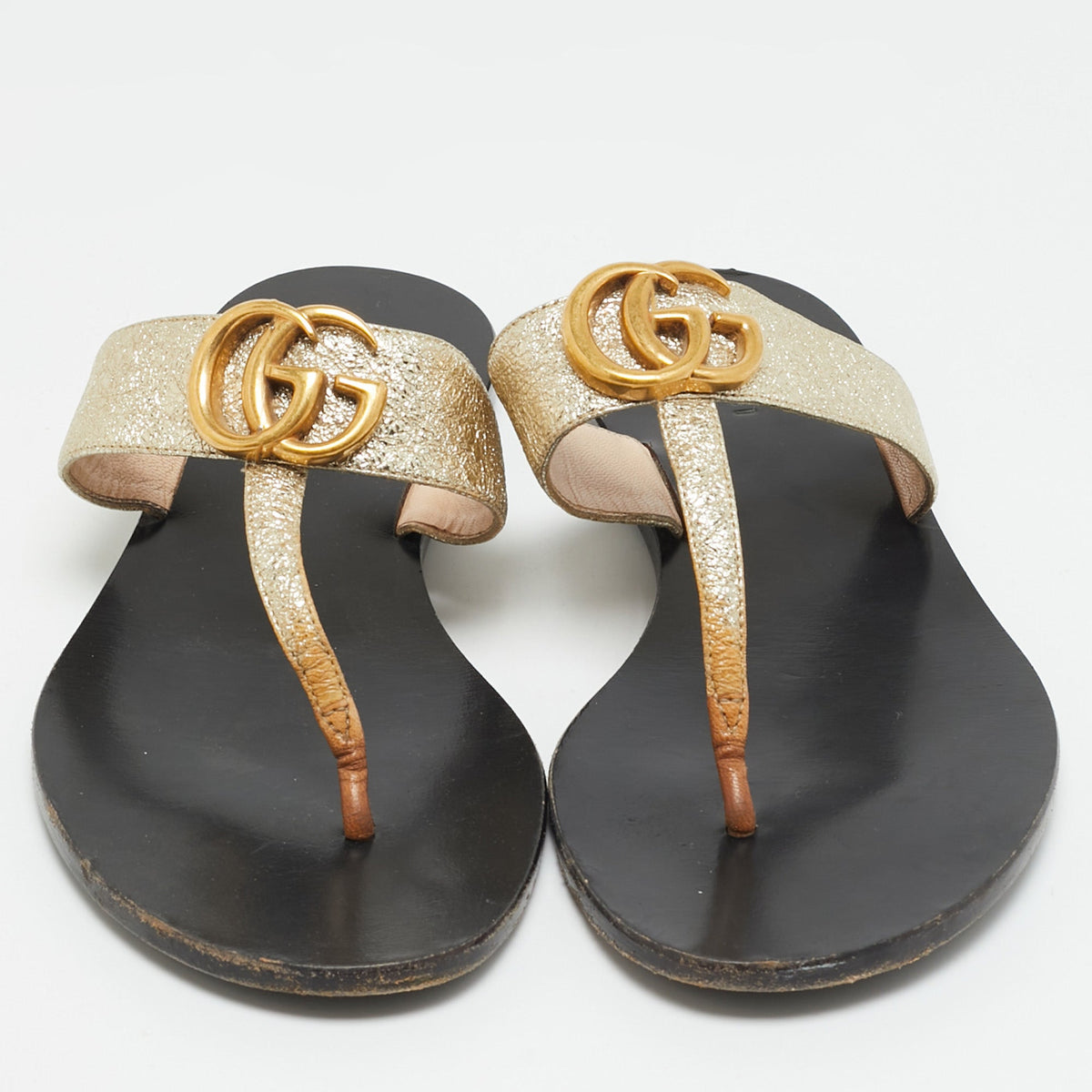 Gucci GG Marmont Size 37 Gold Leather Flat Sandals
