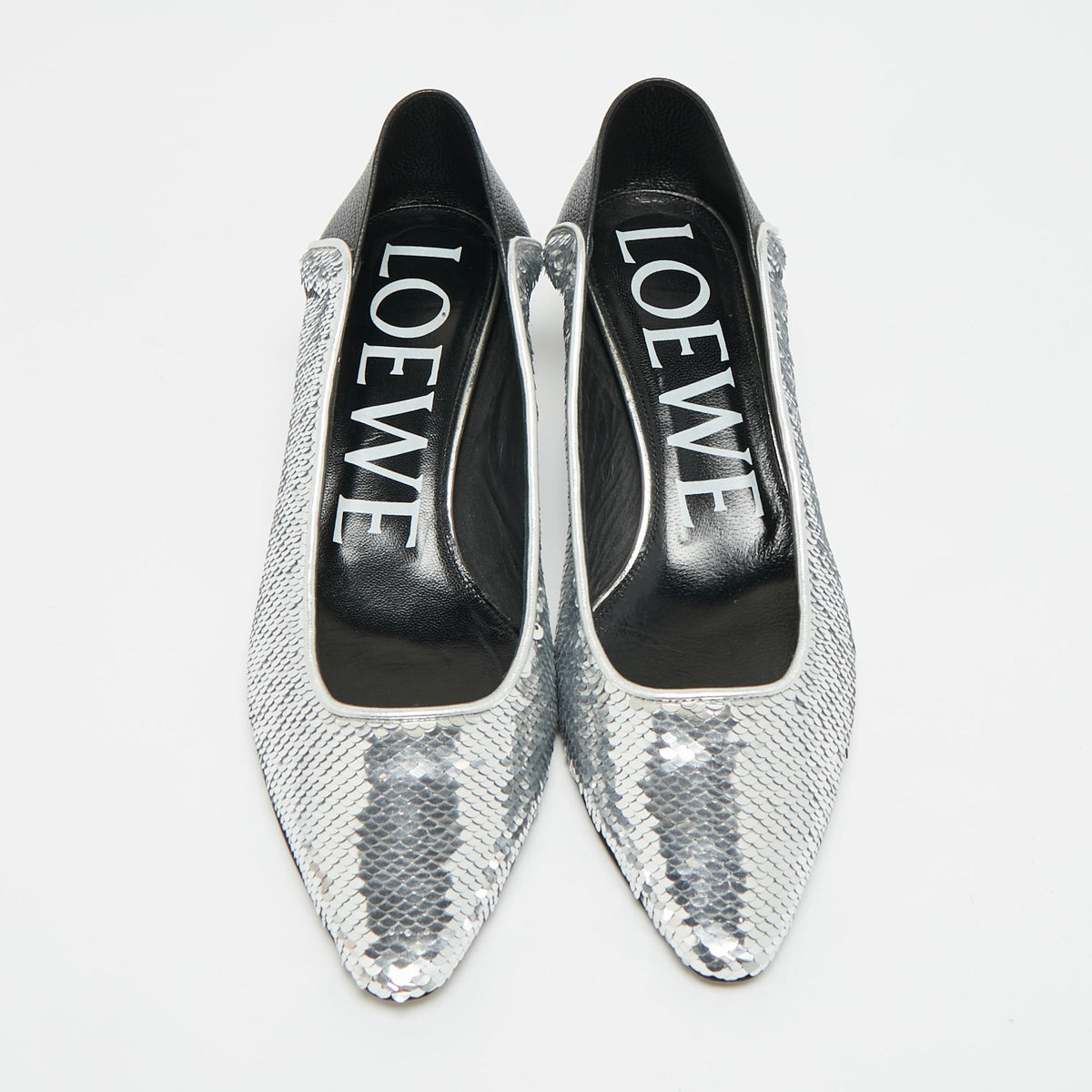 Loewe Size 38 Silver/Black Leather and Sequins Block Heel Pumps