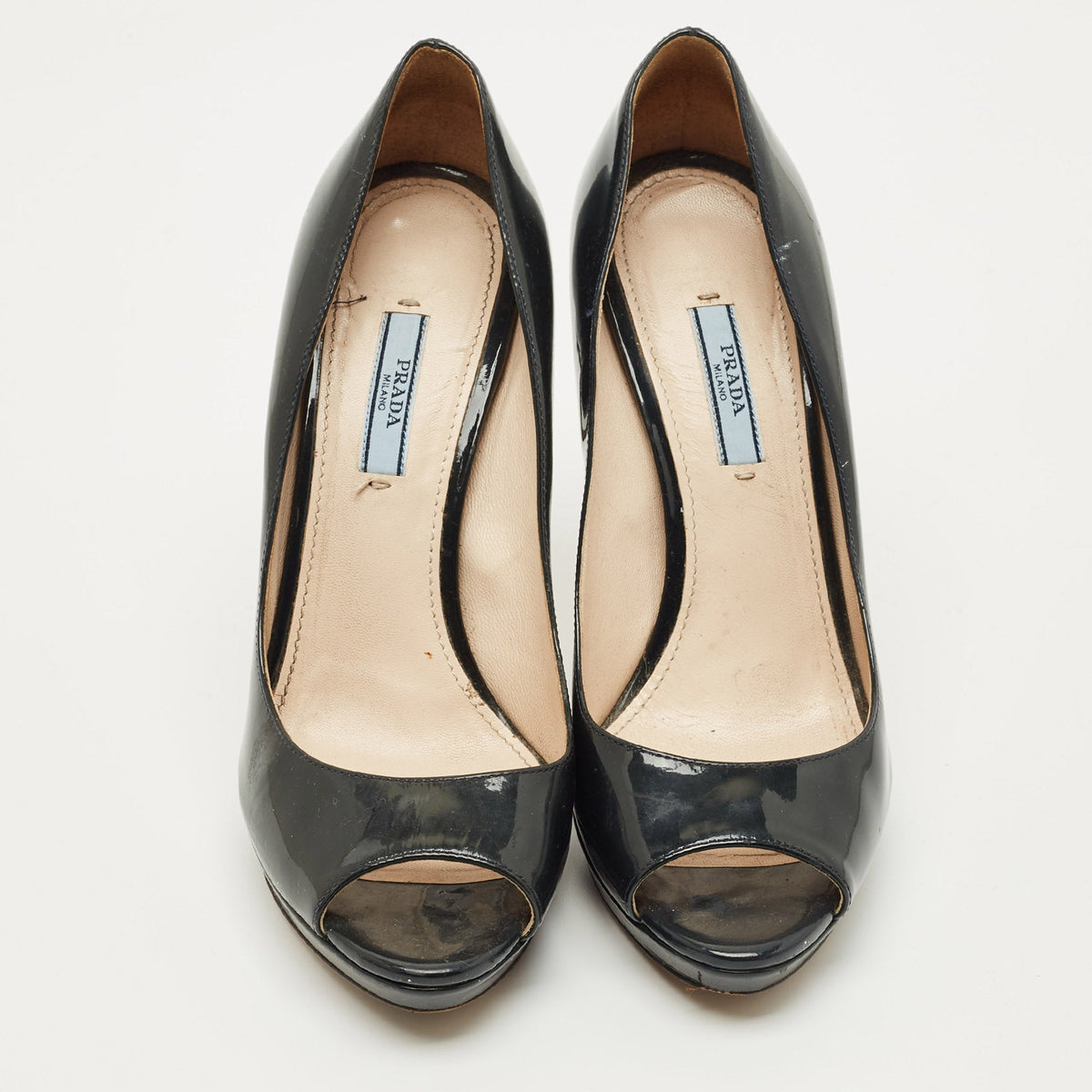 Prada Navy Blue Patent Leather Peep Toe Pumps Size 39.5