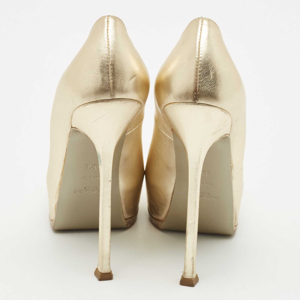 Saint Laurent Paris Tribtoo Size 38.5 Gold Leather Platform Pumps