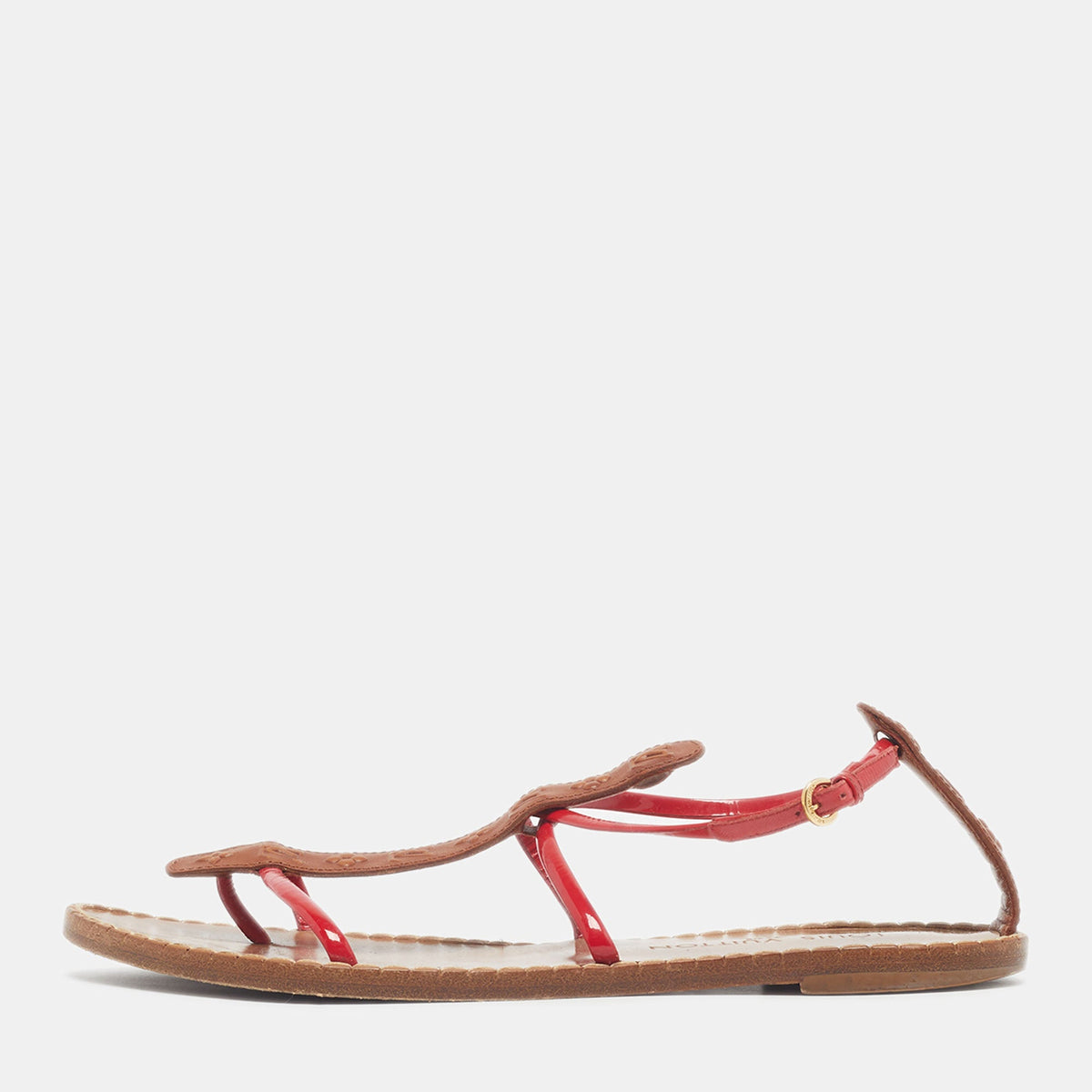 Louis Vuitton Size 39 Brown/Red Monogram Leather and Patent Flat Ankle Strap Thong Sandals