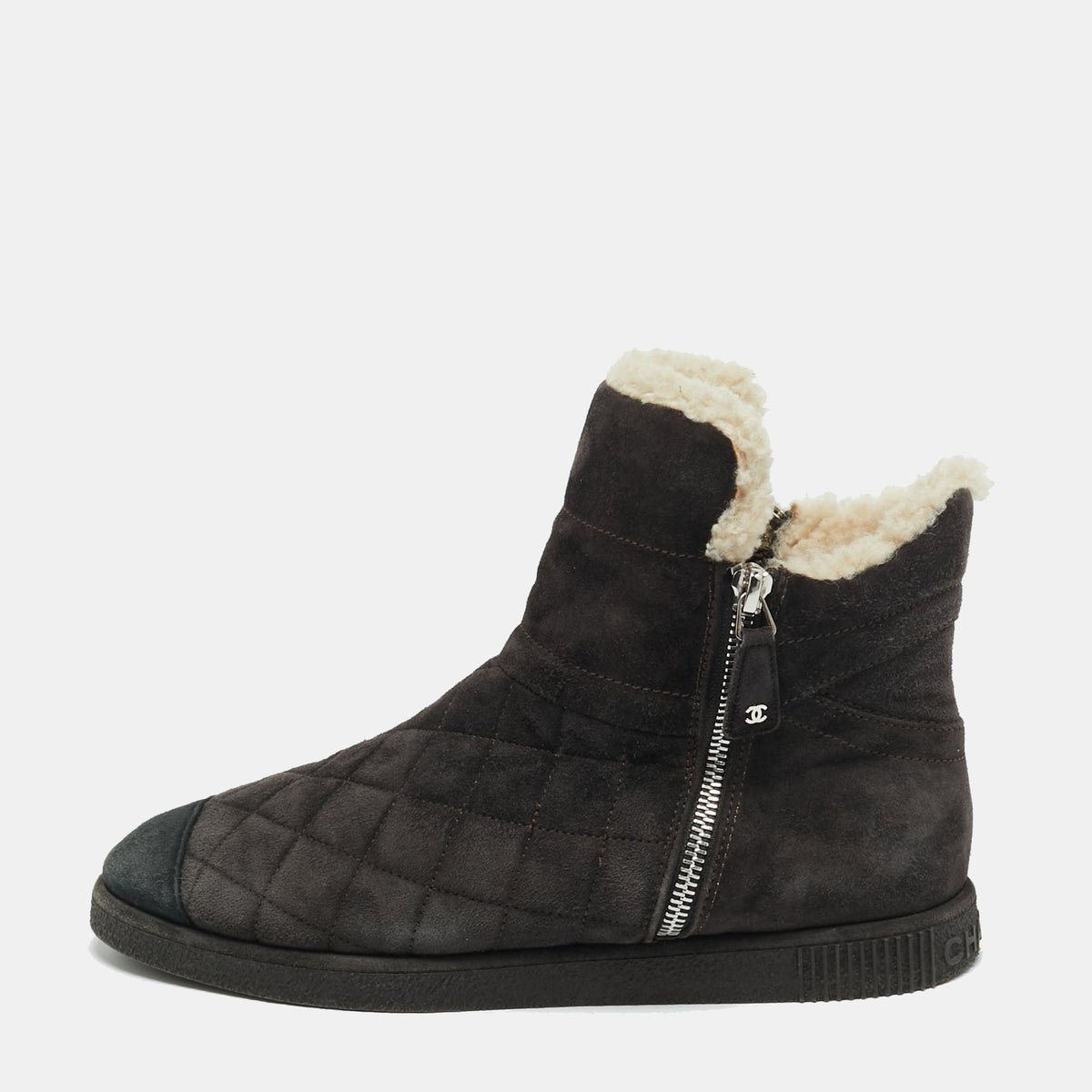 Chanel CC Size 37.5 Black Shearling and Suede Ankle Length Boots