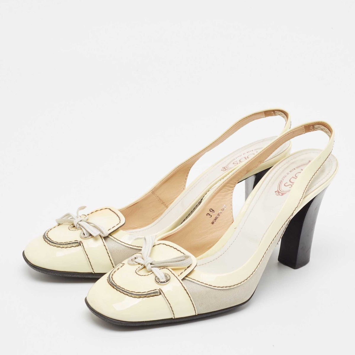 Tod's Cream Patent Leather and Fabric Bow Slingback Pumps Size 39