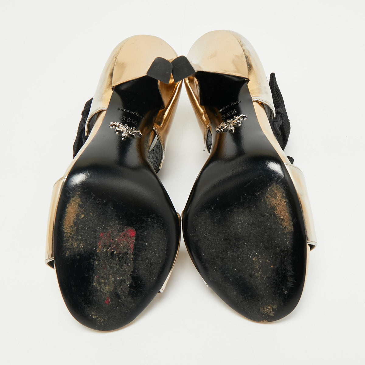 Prada Gold/Black Leather and Grosgrain Bow Ankle Strap Sandals Size 36.5