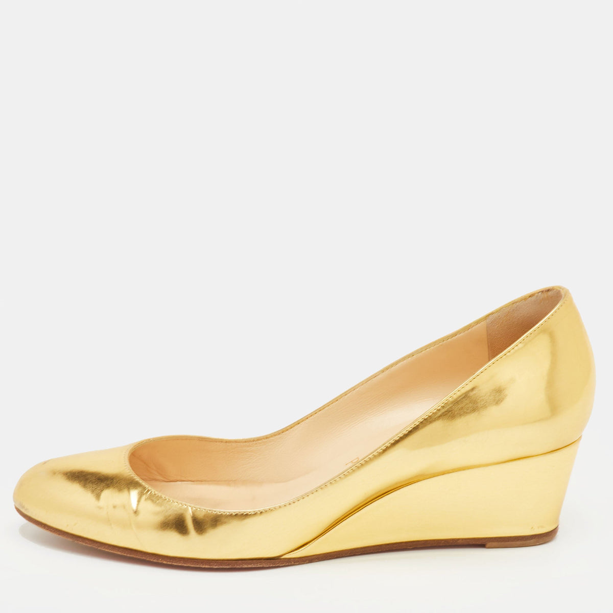 Christian Louboutin Size 38 Gold Leather Round Toe Wedge Pumps