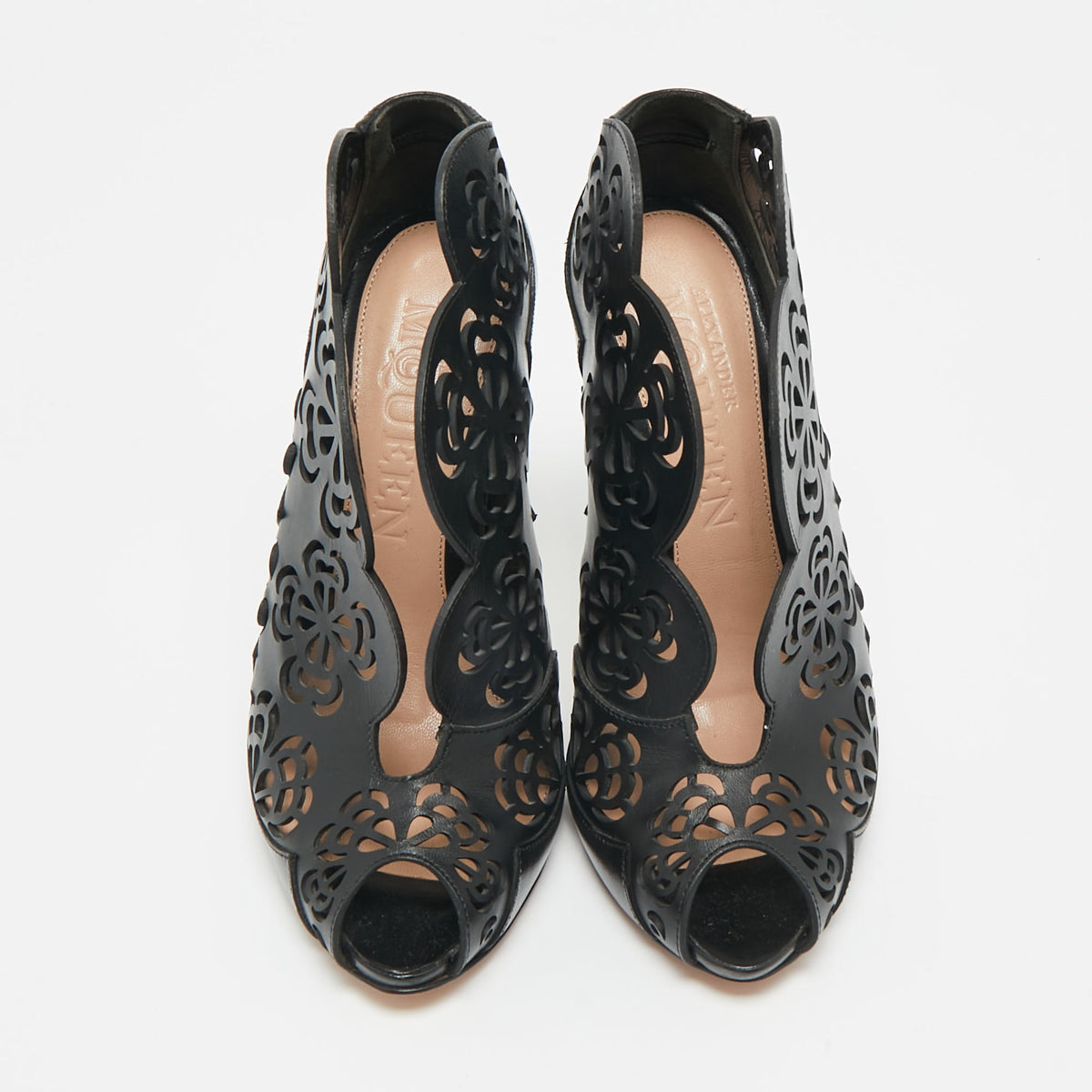 Alexander McQueen Black Floral Laser Cut Leather Peep Toe Booties Size 35