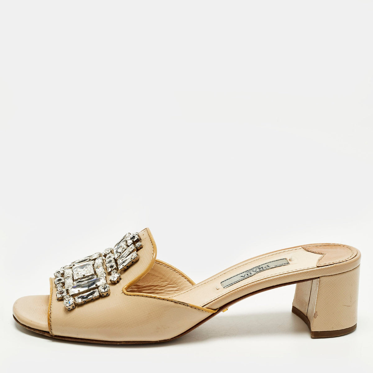 Prada Saffiano Size 35 Beige Patent Leather Crystal Embellished Block Heel Slide Sandals