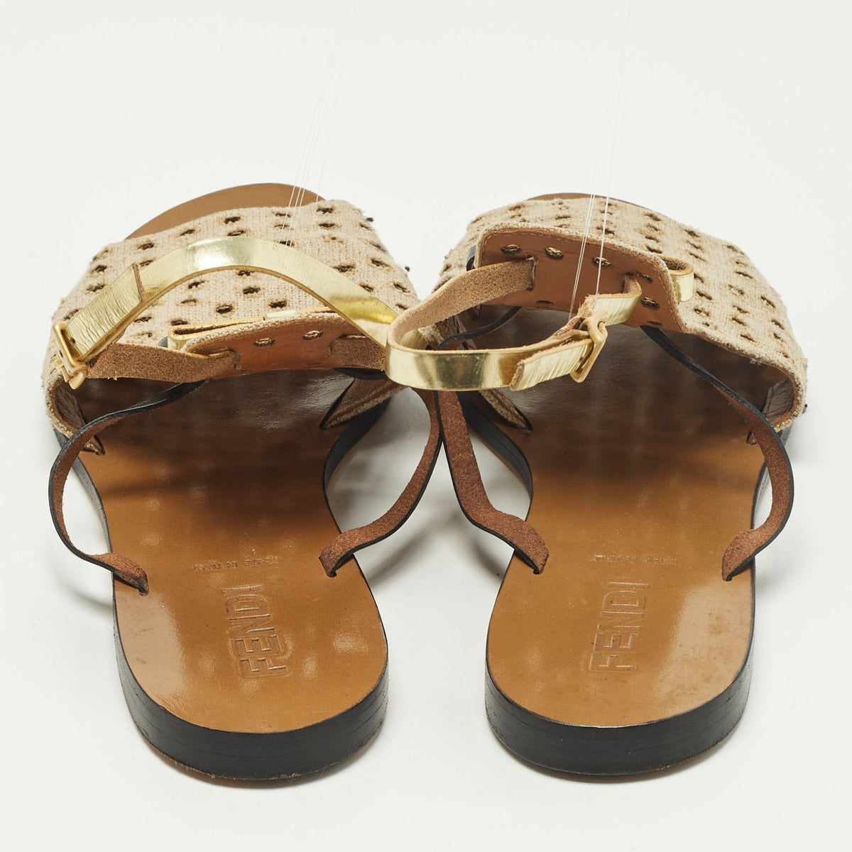 Fendi Size 40 Tricolor Perforated Jute and Patent Leather Double Bow Flat Sandals