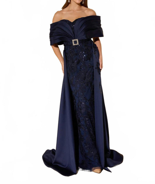 Off-The-Shoulder Embellished Gown In Dark Navy