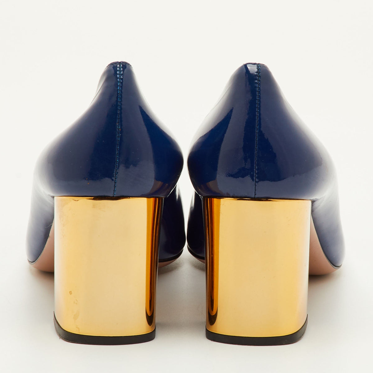 Prada Size 40.5 Navy Blue Patent Leather Crystal Block Heel Pumps