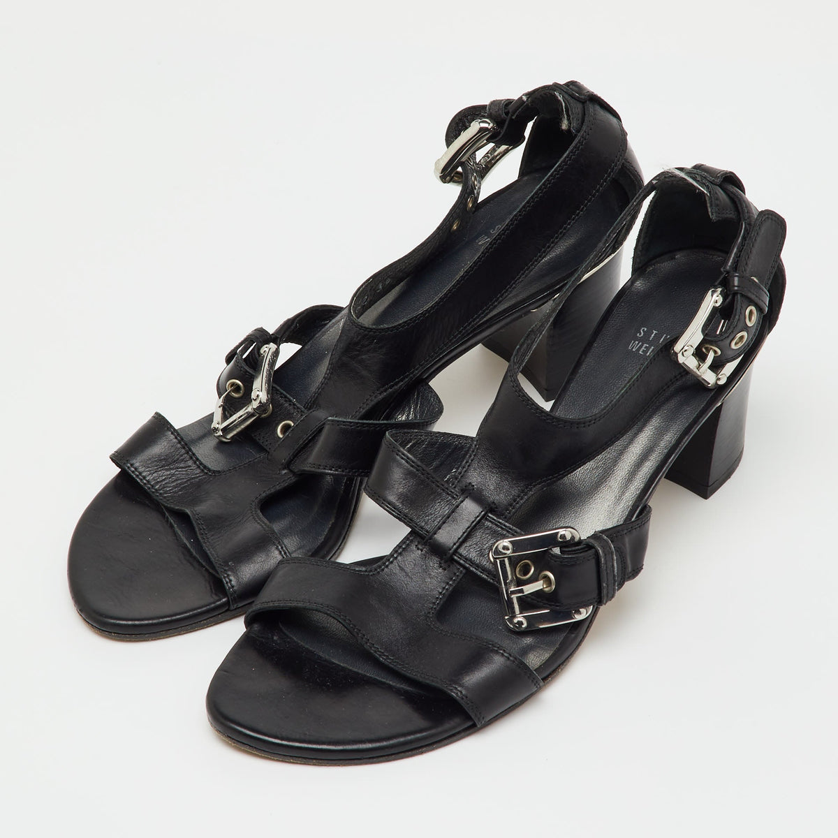 Stuart Weitzman Black Leather Buckle Detail Sandals Size 39