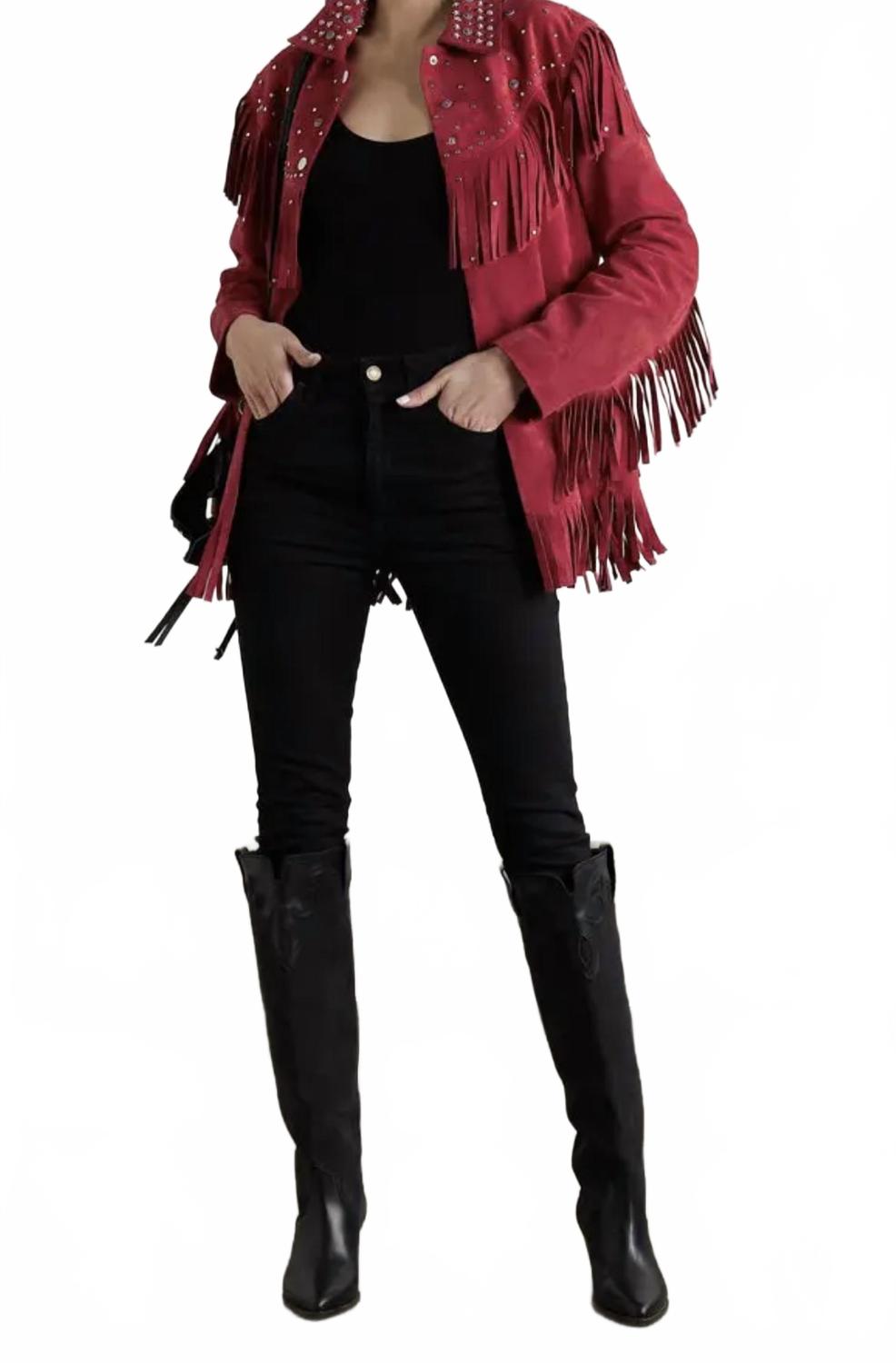 Bel Embellished Fringed Suede Jacket In Red