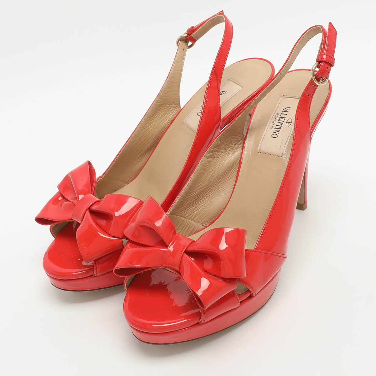 Valentino Bow Size 37 Red Patent Leather Slingback Platform Sandals